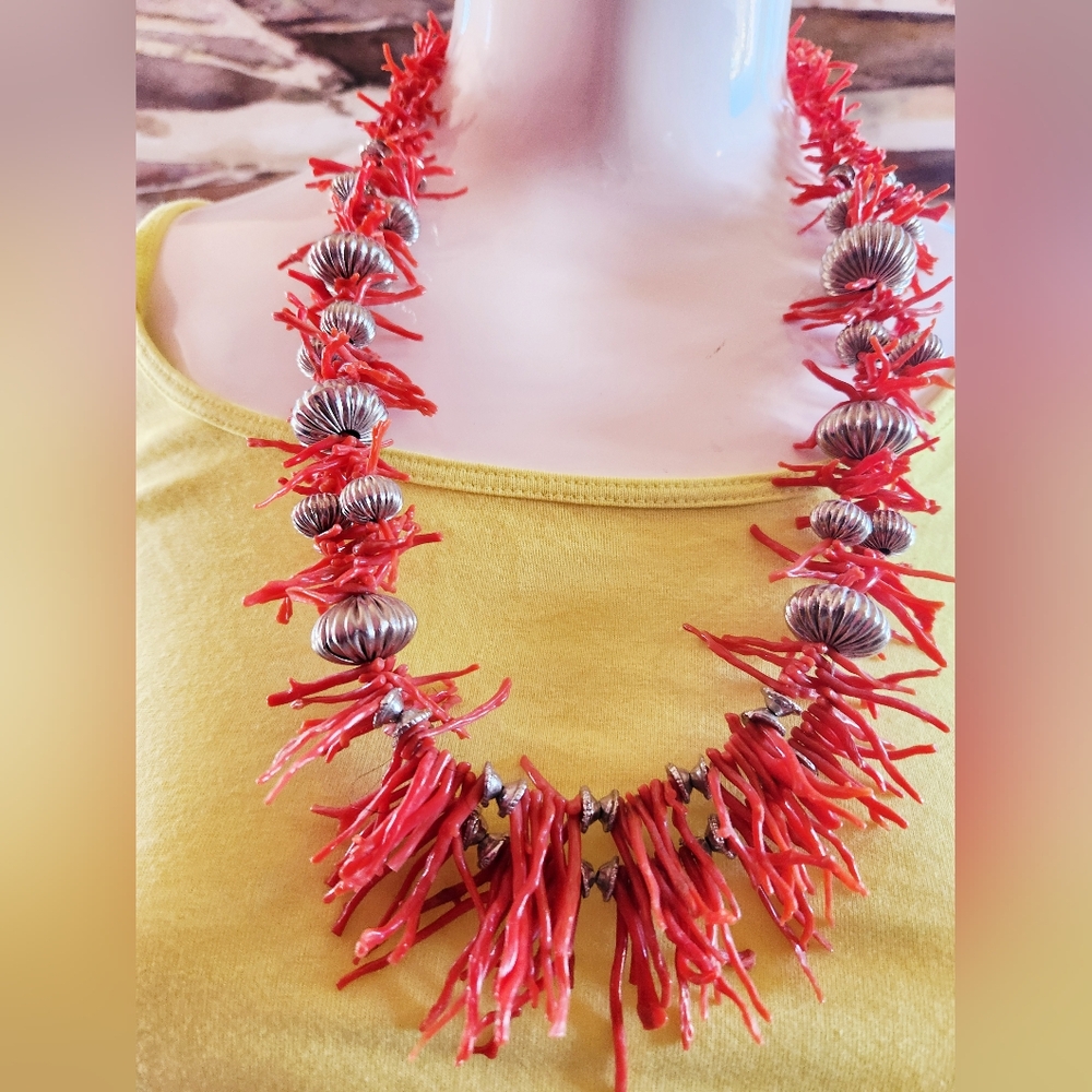CORAL Silver Artisan Over Head Santa Fe Taos Orange Red Southwestern Necklace